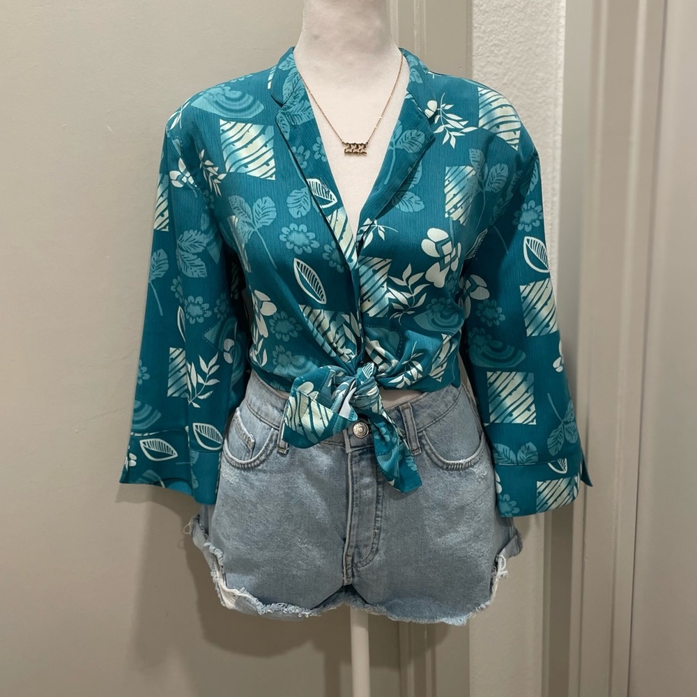 VTG 90s Drapers & Damons Petites Teal Blue Mid-Sleeve Button-Down Collared Shirt